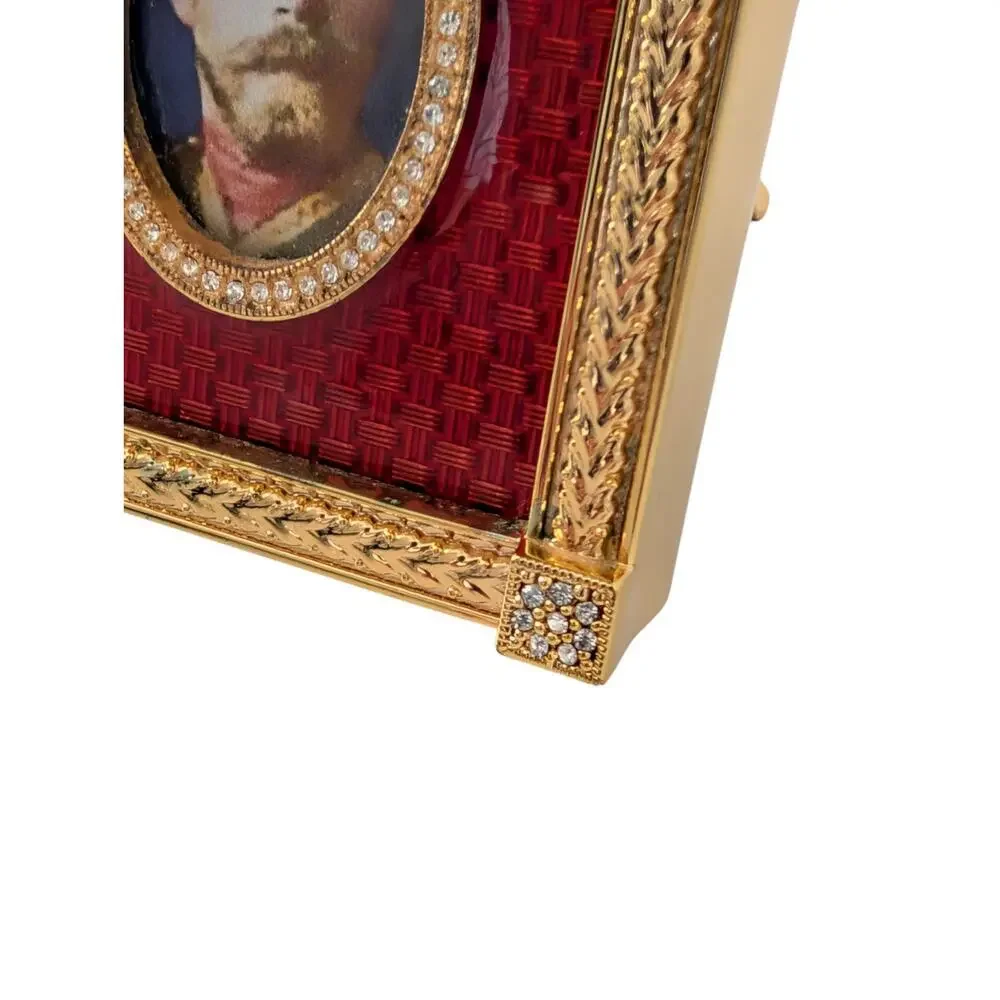 Faberge Red Guilloche Catherine Palace Signed Miniature Picture Frame Gold Plate